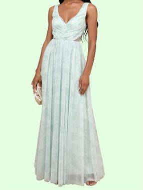Lulus Blissful Poise Sage Green Floral Mesh Pleated Cutout Maxi Dress